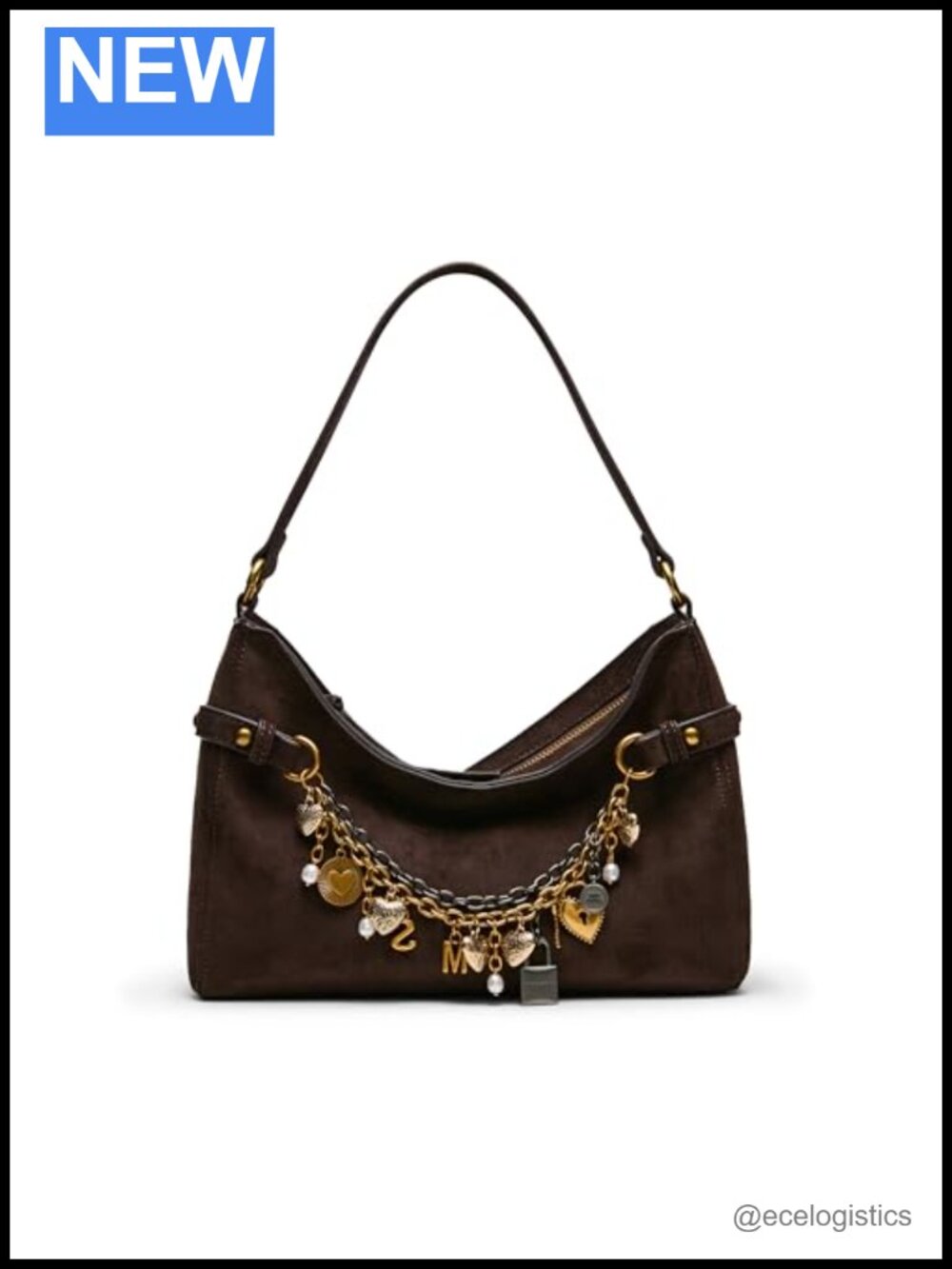 Faux Suede Hobo Shoulder Bag with Charms and Zipper Pocket